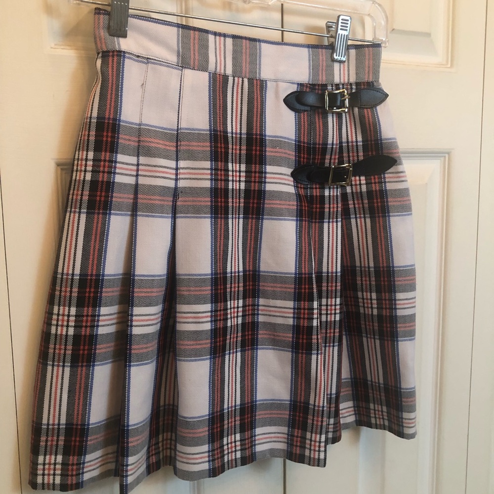 Vintage Plaid Pleated Circle Skirt with Buckle Detail - Cream, Black & Red